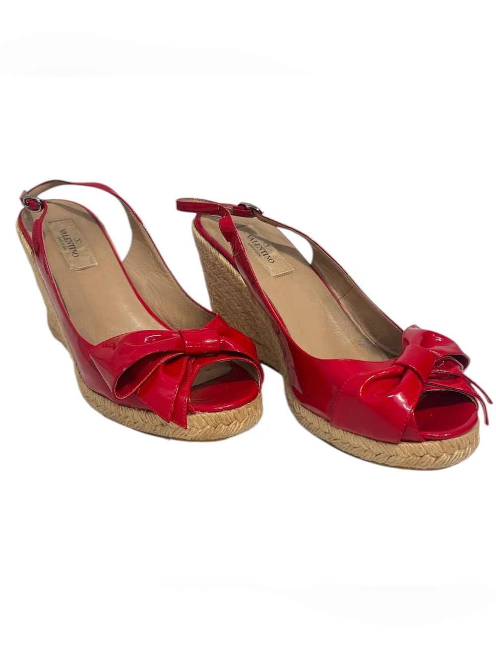 Valentino Red Patent Leather Bow Espadrille Wedges